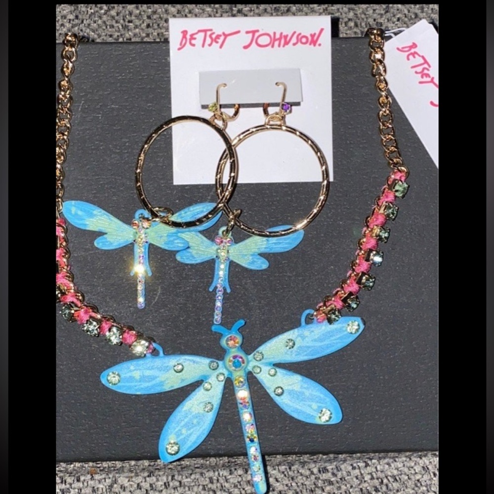 BETSEY JOHNSON SET Turquoise Color Dragonfly Crystal Earrings & Necklace NEW NWT